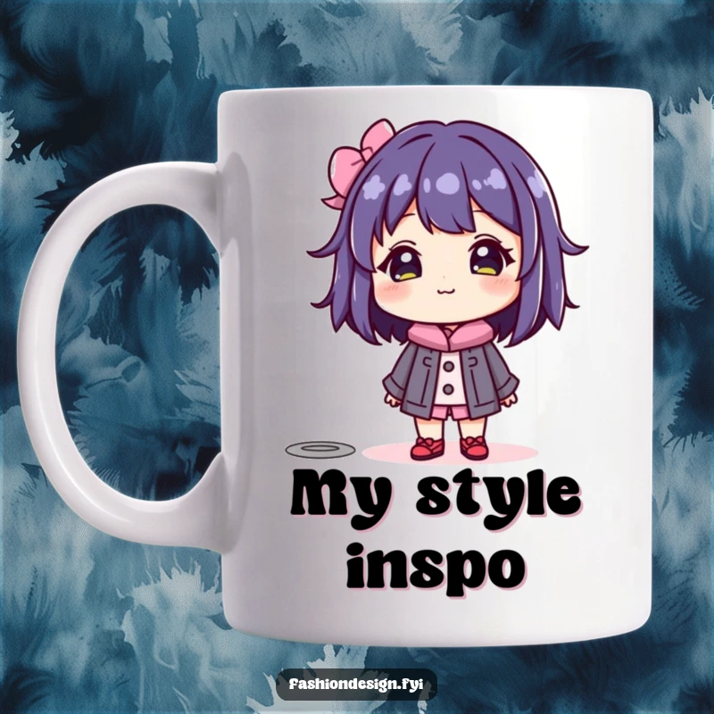 Funny mug showing a beaming character joyfully admiring a vibrantly dressed mannequin, showcasing a love for fashion.