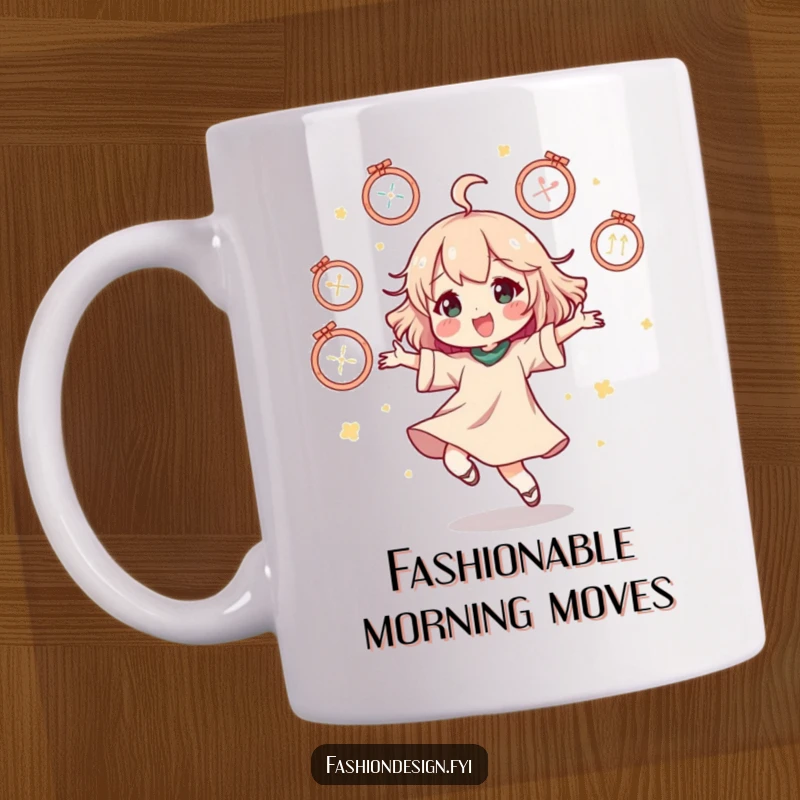Funny mug of a character doing a joyous happy dance surrounded by whimsical floating mannequins, celebrating fashion.