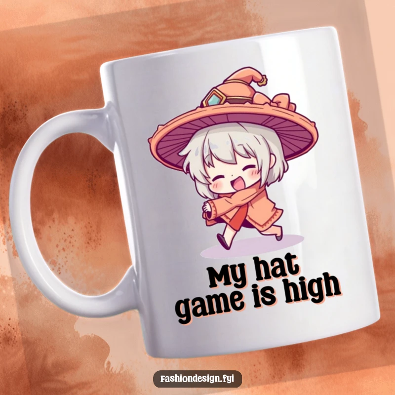 Funny mug showcasing a character comically tripping, their elaborate oversized hat askew, embodying pure comedic mishap and joyful clumsiness.