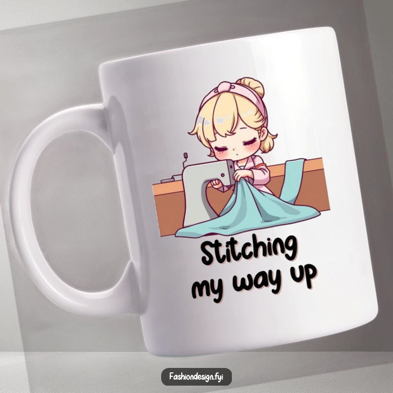 Funny Seamstress Mug showing a character expertly draping fabric with intense concentration, perfect for crafters and sewing enthusiasts.