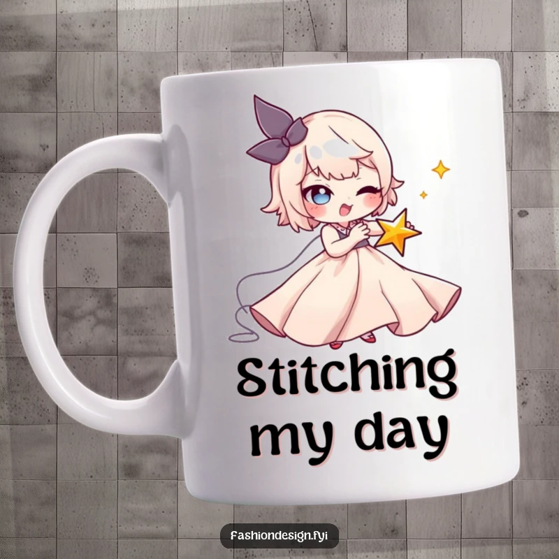 Funny Seamstress Mug: A mischievous character stitches a winking star onto a flowing gown, a funny gift for tailors.