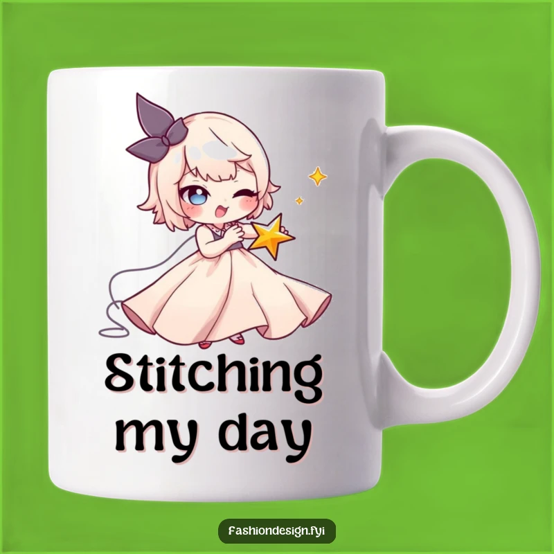 Funny Seamstress Mug: Mischievous Star Stitching with Flowing Gown Humor
