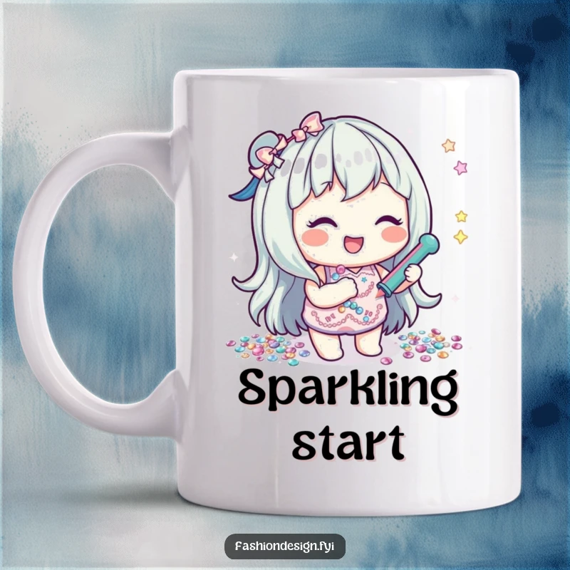 Funny mug featuring a lighthearted character happily applying shiny sequins, embodying joy and creative crafting.