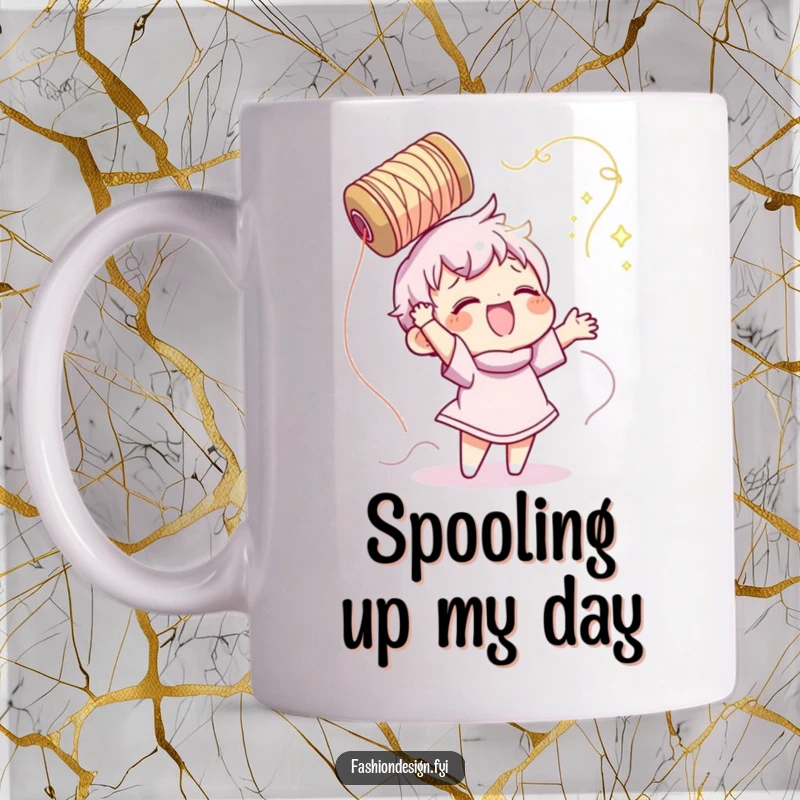 Funny mug depicting a character gleefully tossing a spool of shimmering thread high into the air with excitement.