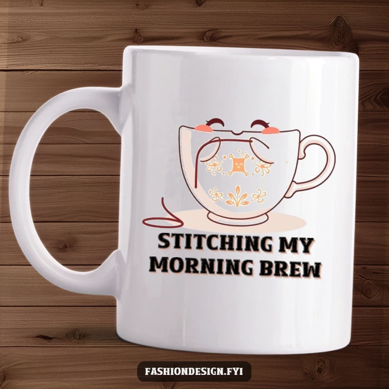 Funny teacup mug, happily embroidering a delicate pattern with a needle and thread, perfect for crafters and tea lovers.