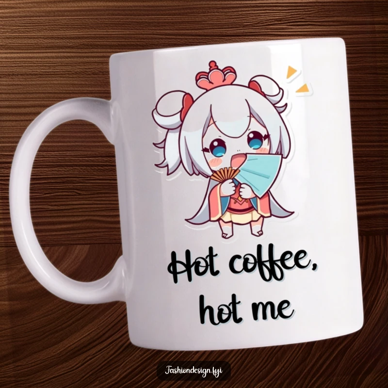 Funny Mug showing a surprised character fanning themselves vigorously with a large fan, expressing heat and shock.