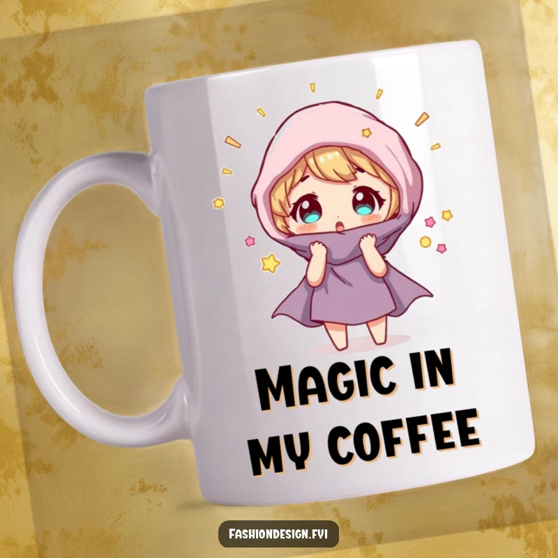 Funny Mug: Character looking surprised as a fabric swatch magically transforms, evoking wonder and humor.