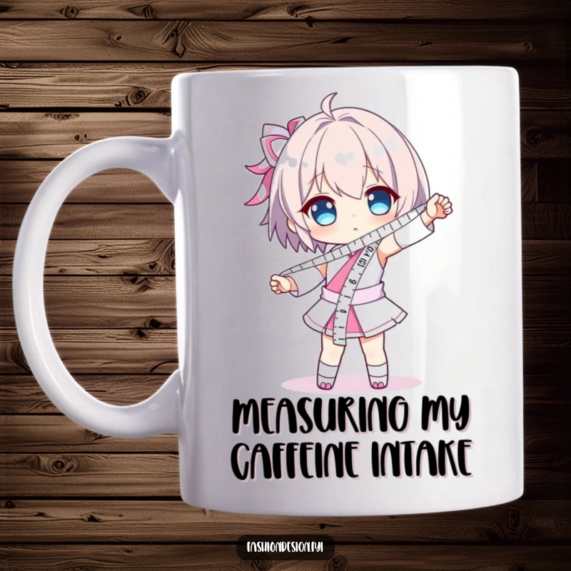 Funny mug with a character dramatically posing, wearing a long measuring tape like a stylish sash, showcasing their precise and proud demeanor.