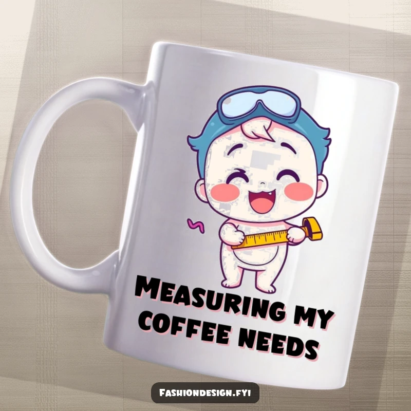 Funny mug featuring a happy character intensely focused on using a measuring tape, exuding excitement and measurement precision.