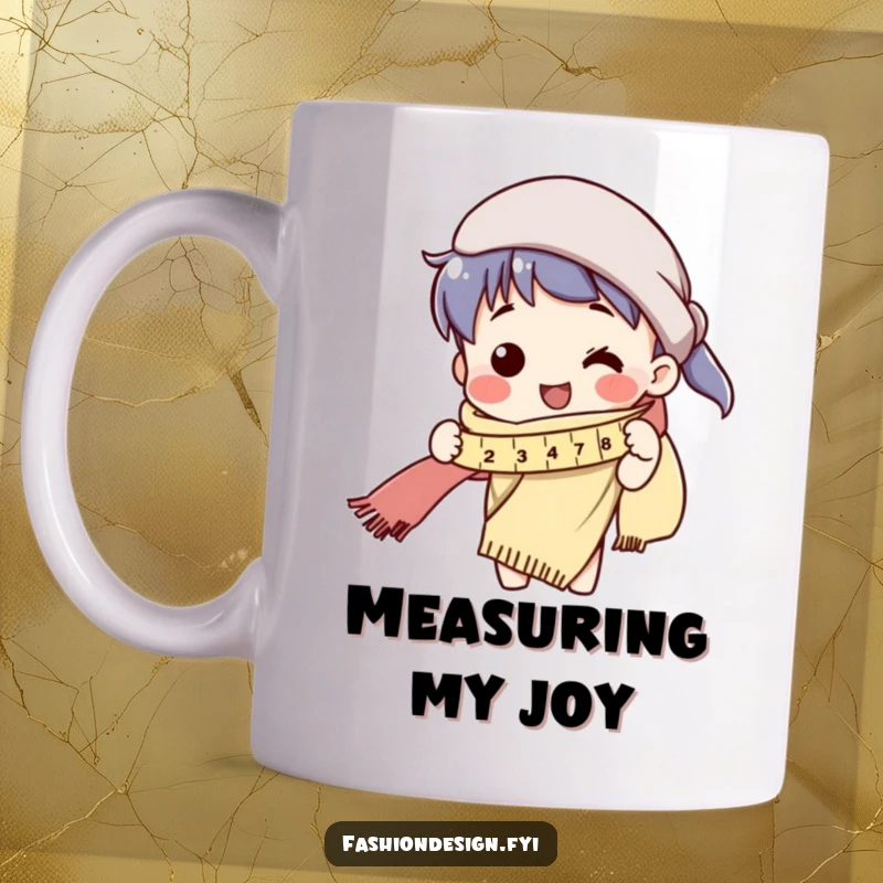 Funny mug showing a cheerful character humorously measuring an absurdly long scarf with a tape measure.