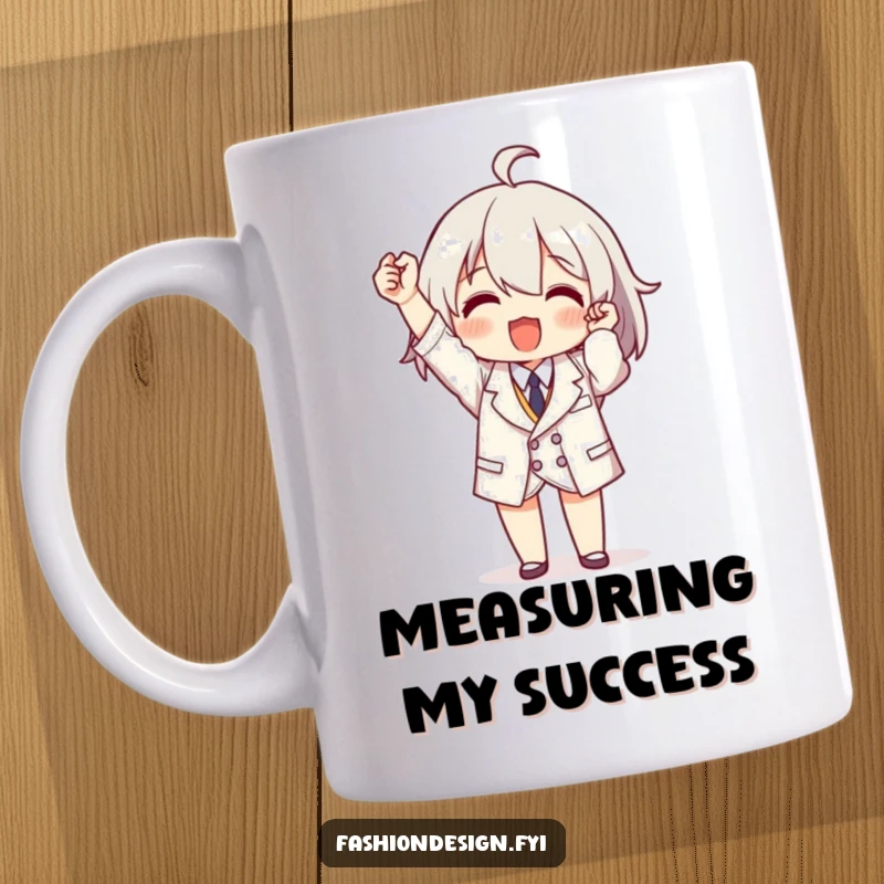 Funny mug featuring a proud character triumphantly holding up a perfectly tailored, tiny garment with a satisfied smile.