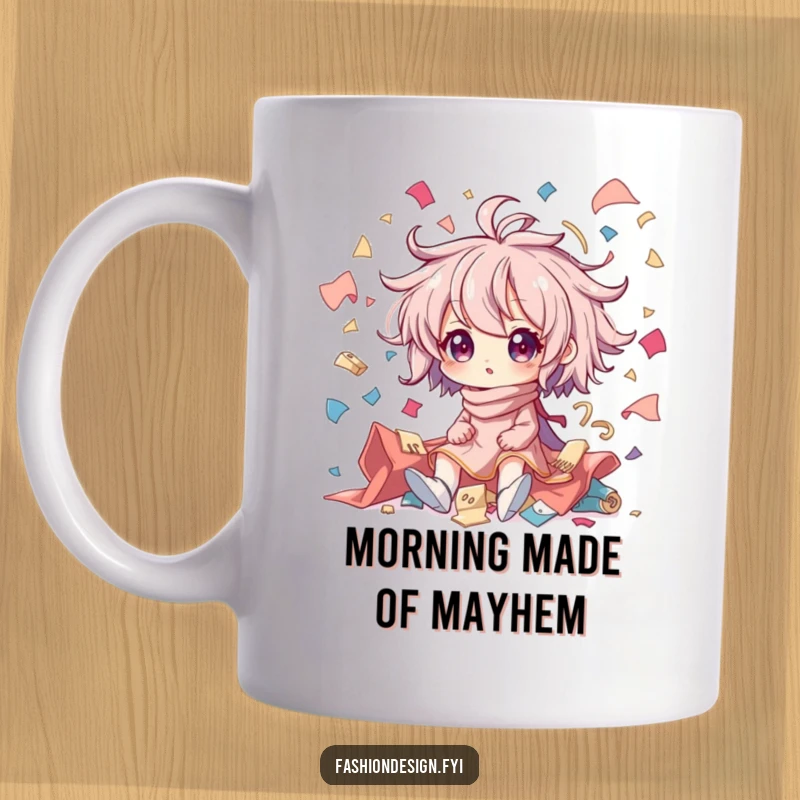 Funny mug depicting a character in creative chaos, surrounded by flying fabric scraps, smiling amidst the joyful mess of crafting.