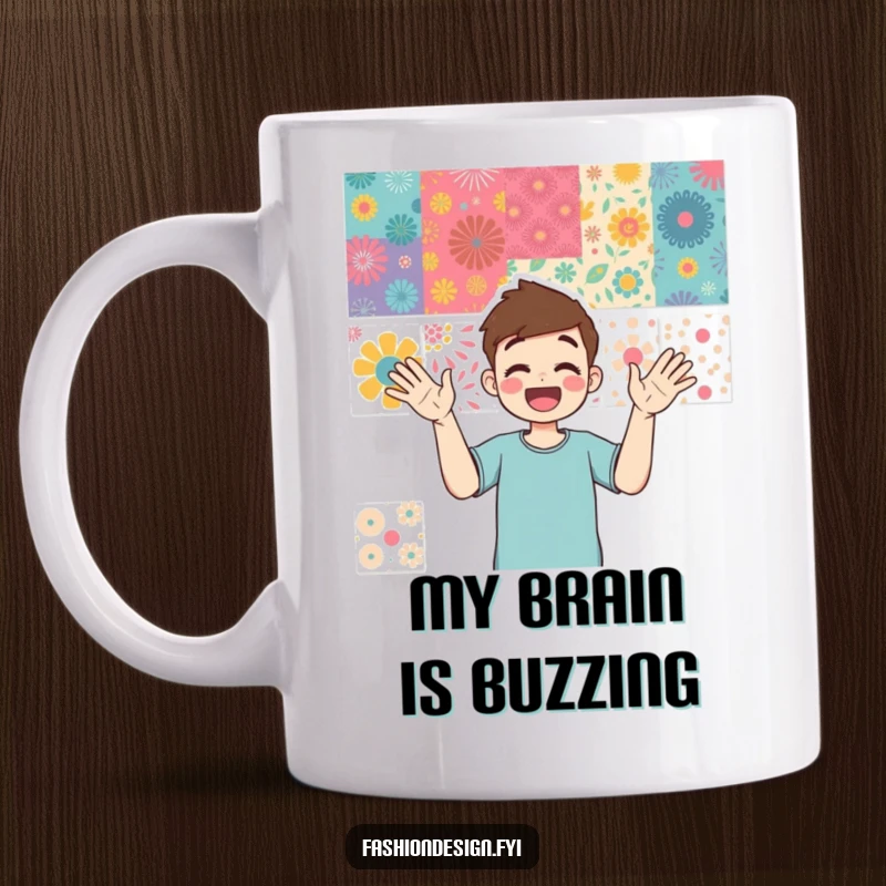 Funny mug featuring an excited person gesturing enthusiastically at a colorful mood board of patterns, showcasing creative energy.