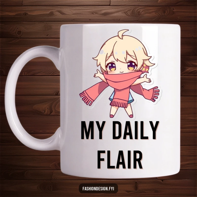 Funny mug depicting a playful character striking a dramatic pose with a long, flowing scarf, exuding theatricality and style.