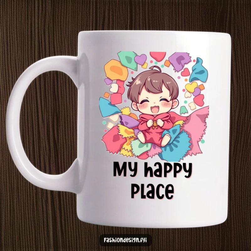 Funny mug featuring a happy character giggling uncontrollably amidst a vibrant explosion of colorful fabric scraps, embracing the creative chaos.
