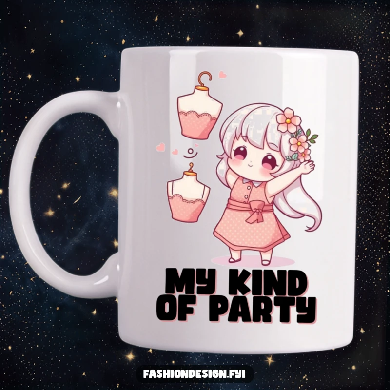 Funny Florist Mug: A whimsical character in a sparkly apron tosses a flower-adorned mannequin head, a funny gift for florists.