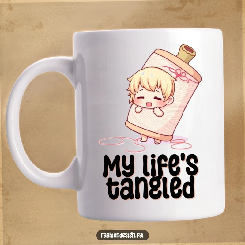 Funny mug of a cute character adorably struggling to control a giant spool of thread, symbolizing overwhelming projects.