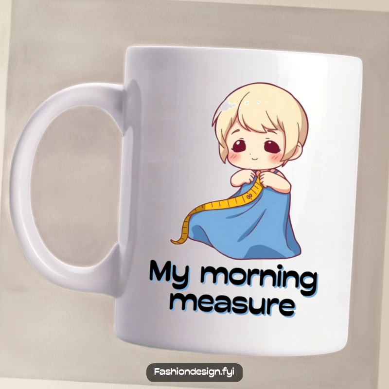 Funny mug featuring a cheerful character playfully measuring fabric with a tape measure, embodying a love for sewing and humor.