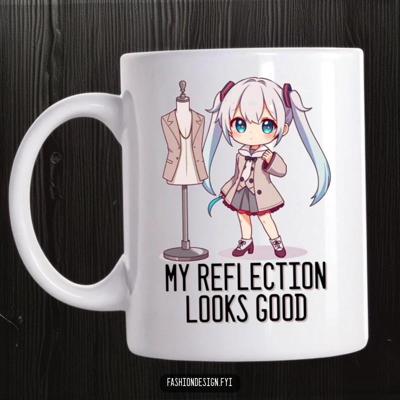 Funny mug showing a character striking a dramatic pose next to a stiff mannequin, capturing a moment of artistic absurdity.