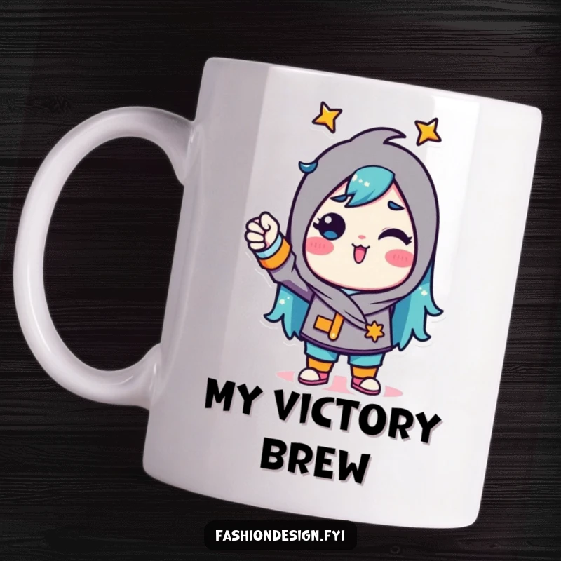 Funny Mug depicting a triumphant character confidently pinning fabric with a proud gesture, celebrating sewing success.