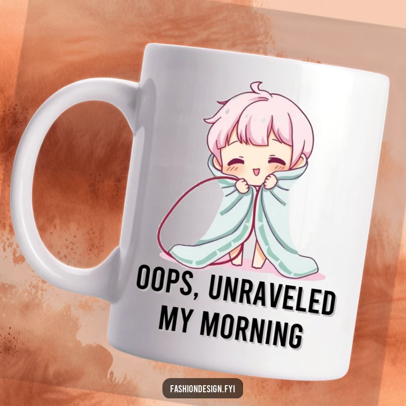 Funny mug featuring a playful character tangling a thread, causing fabric to unravel hilariously. A perfect gift for clumsy personalities.