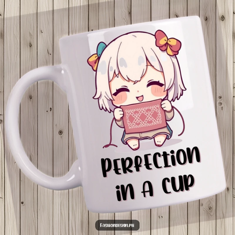 Funny mug showing a character with a look of pure delight admiring a tiny, intricate stitch, celebrating crafting perfection.