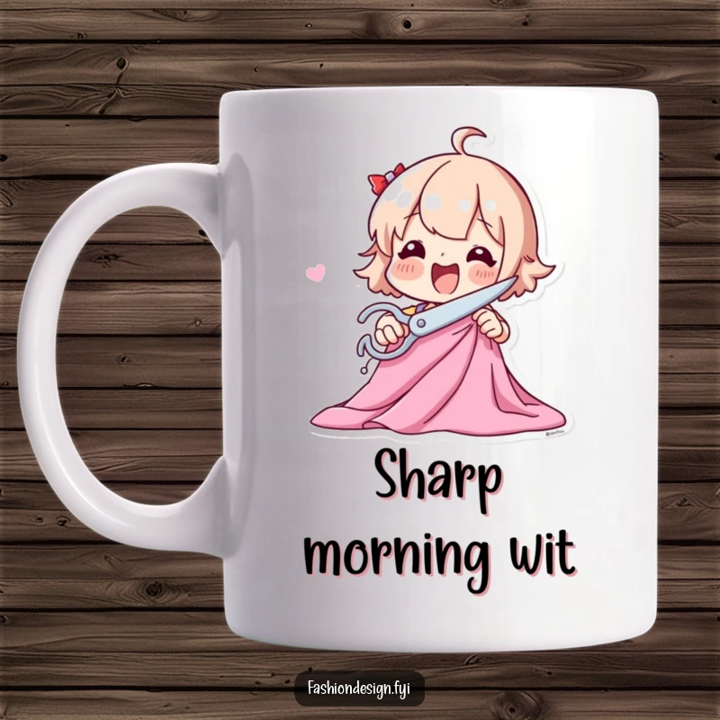 Funny mug with a playful character excitedly cutting fabric with large scissors, celebrating sewing and crafting.