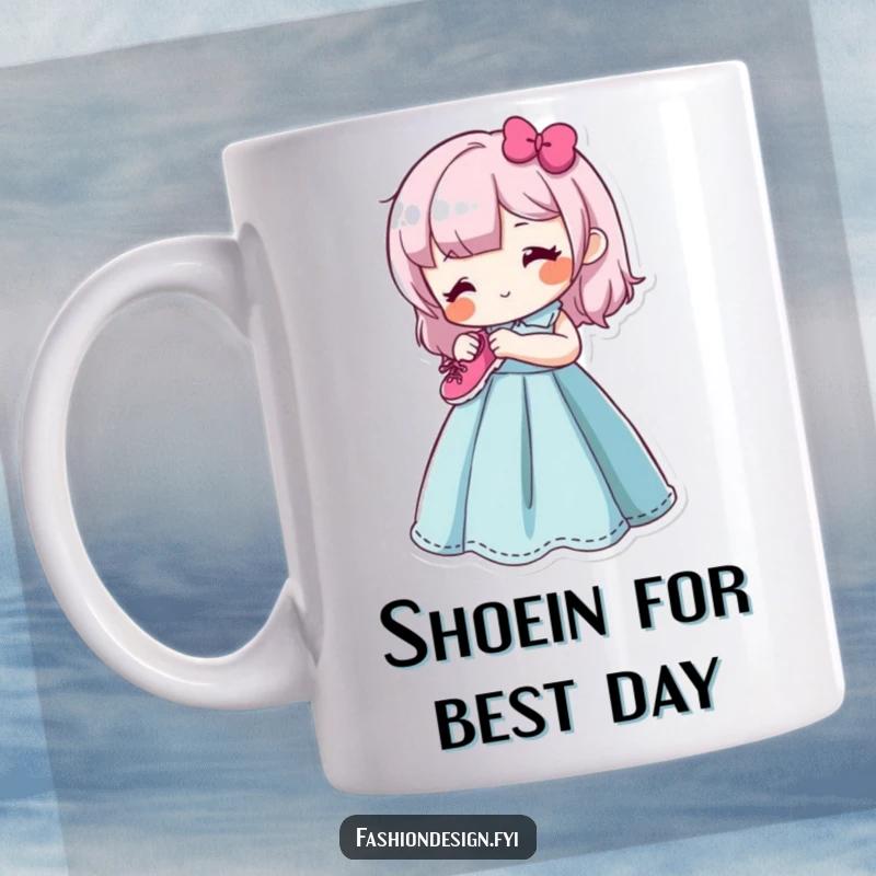 Funny mug featuring a content character happily sewing a tiny, smiling shoe onto a vibrant dress form, celebrating the joy of crafting.