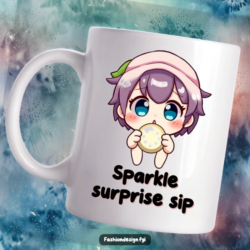 Funny crafter mug showing a surprised character holding up a large, sparkly button, a humorous gift for craft enthusiasts and collectors.