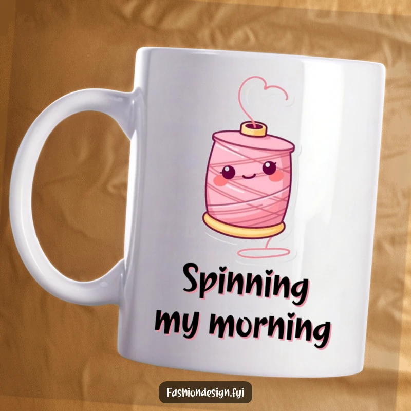 Funny mug featuring a cheerful spool of thread energetically twirling on its end, symbolizing creativity and playful motion.