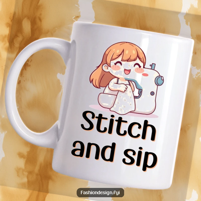 Funny mug featuring a happy character enthusiastically using a sewing machine to create a garment, a humorous tribute to crafters.
