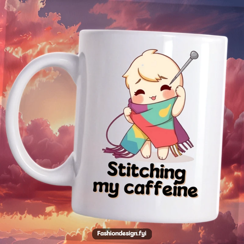 Funny zig-zag stitch mug featuring a playful character using a giant needle to create an exaggerated stitch, great funny gift.