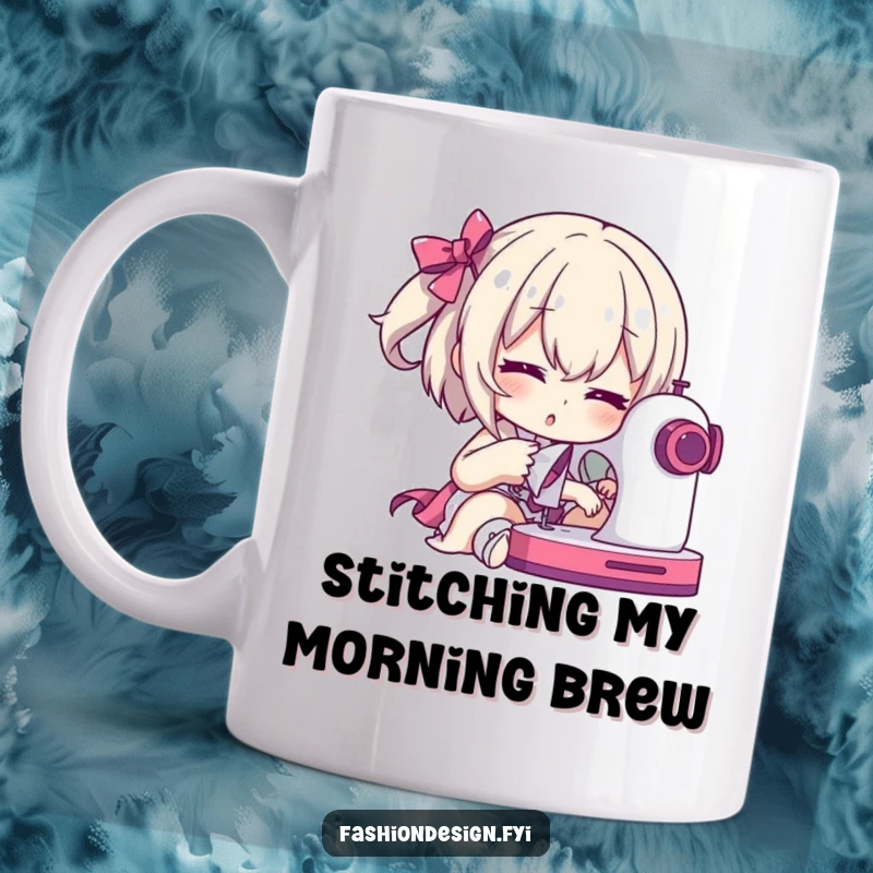 Funny Mug: Dramatic character posing with a sewing machine in mid-stitch, celebrating the art of sewing.