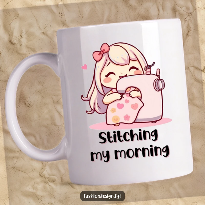 Funny Sewing Character Mug: Happy character gleefully stitches a playful pattern with a sewing machine, conveying joy in creation.