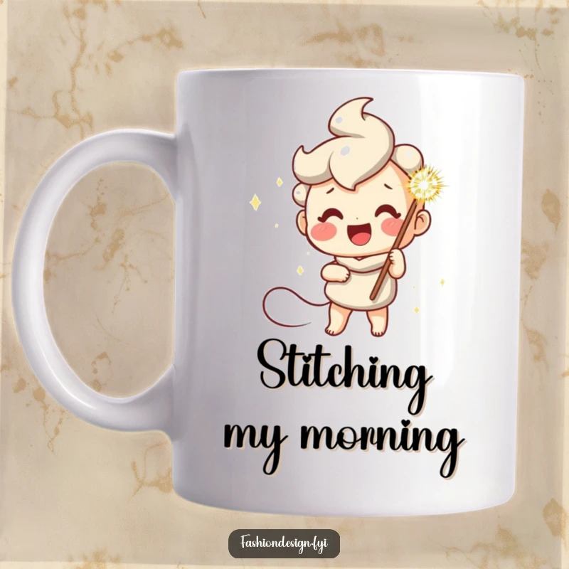 Funny mug featuring a cheerful character holding a giant, sparkly needle with a joyful expression, embodying the fun of sewing.