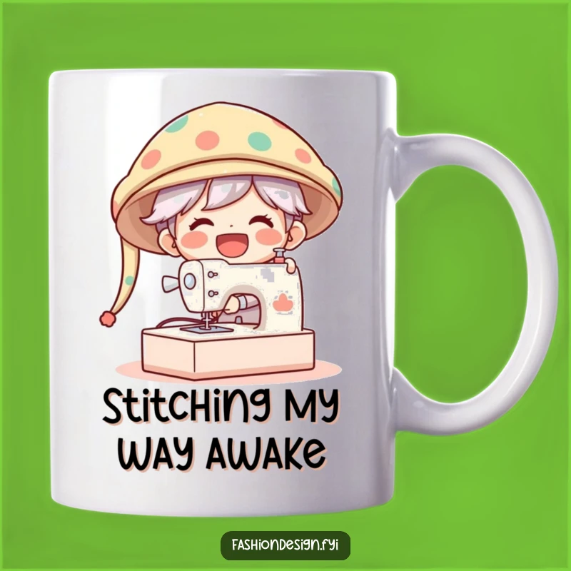 Funny Giant Hat Maker Mug: Gleeful Character Sewing Machine Gift