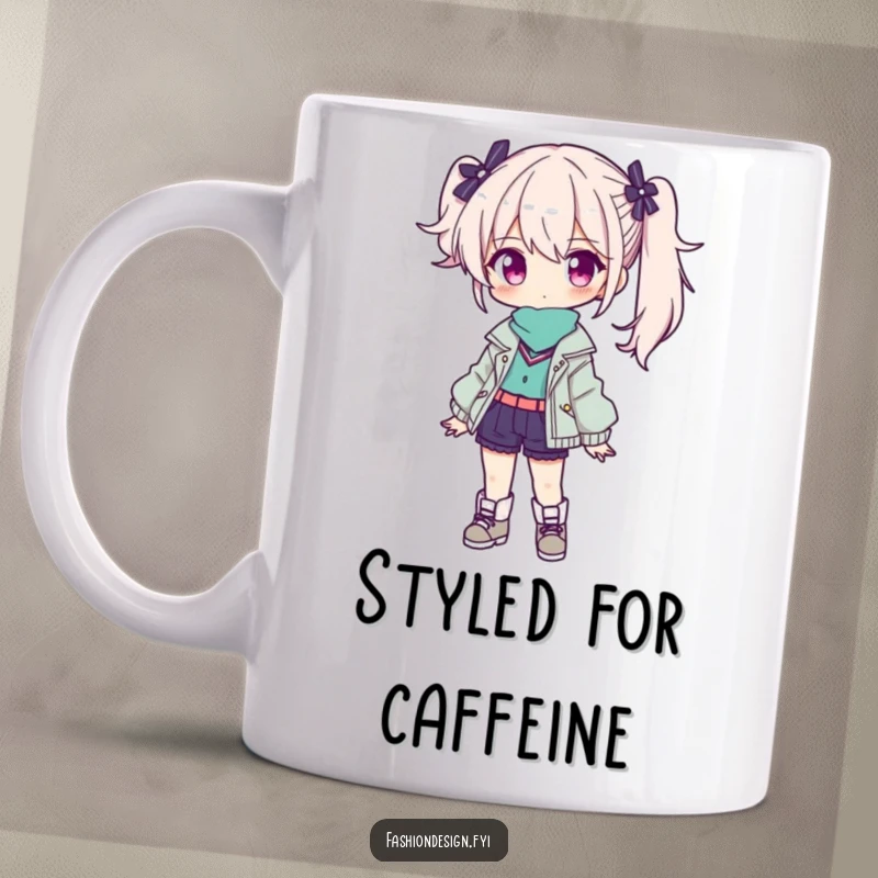 Funny mug showing a confident character proudly presenting a fabulous, stylishly finished outfit.