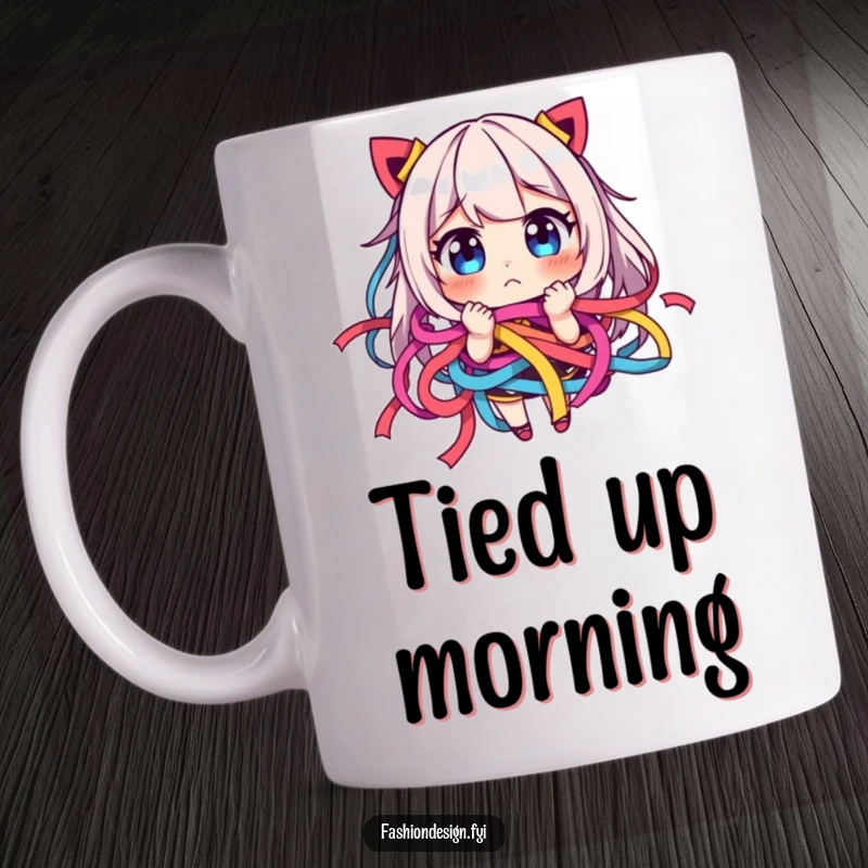 Funny mug showing a character comically tangled in colorful ribbons with a look of playful frustration, symbolizing chaos.