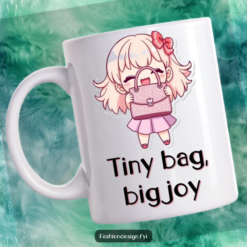 Funny handbag stitcher mug featuring a joyful character showing off a perfectly stitched, miniature, glittering handbag, ideal funny gift.