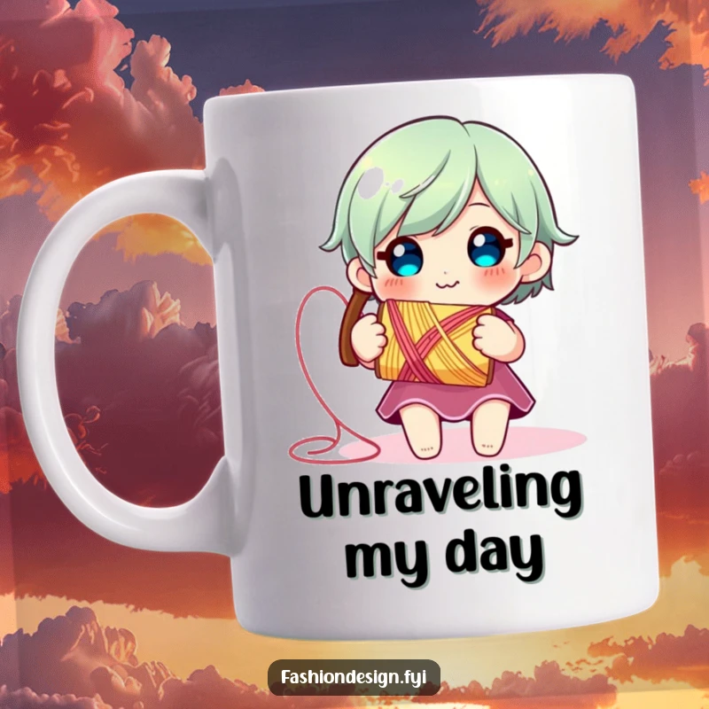 Funny Thread Spool Mug: Cute character smiling while holding a vibrant spool of thread that unravels, conveying playful creativity.