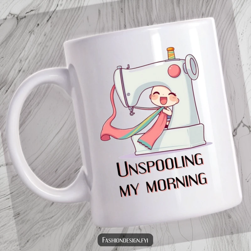 Funny ribbon pull mug showing a delighted character pulling a long colorful silk ribbon from a giant sewing machine, great funny gift.