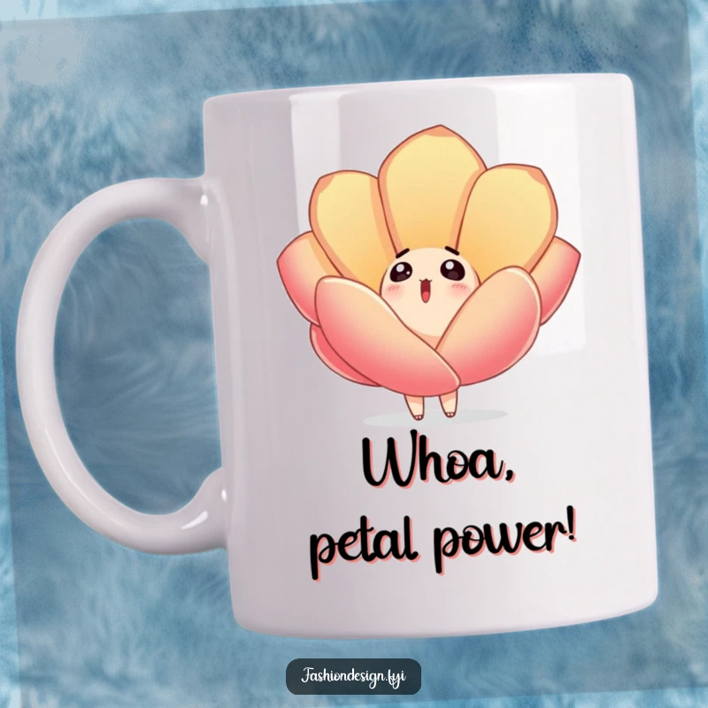 Funny mug showing a surprised character looking up as a large embroidered fabric petal floats gently down, evoking wonder and amusement.