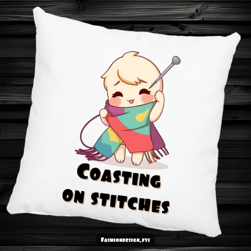 Funny zig-zag stitch pillow showing a playful character using a giant needle to create an exaggerated stitch on a vibrant scarf, comfortable funny gift.