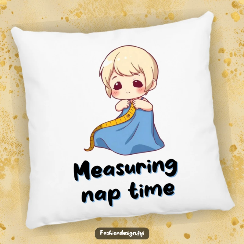 Funny pillow showcasing a character measuring fabric, offering comfort and a humorous sewing theme for any room.