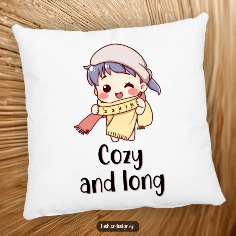 Funny pillow showcasing a cheerful character humorously measuring an exceptionally long scarf with a tape measure.
