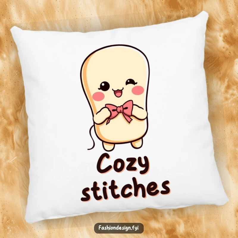 Funny cheerful baguette with arms, sewing a bow, decorative pillow, perfect funny gift.