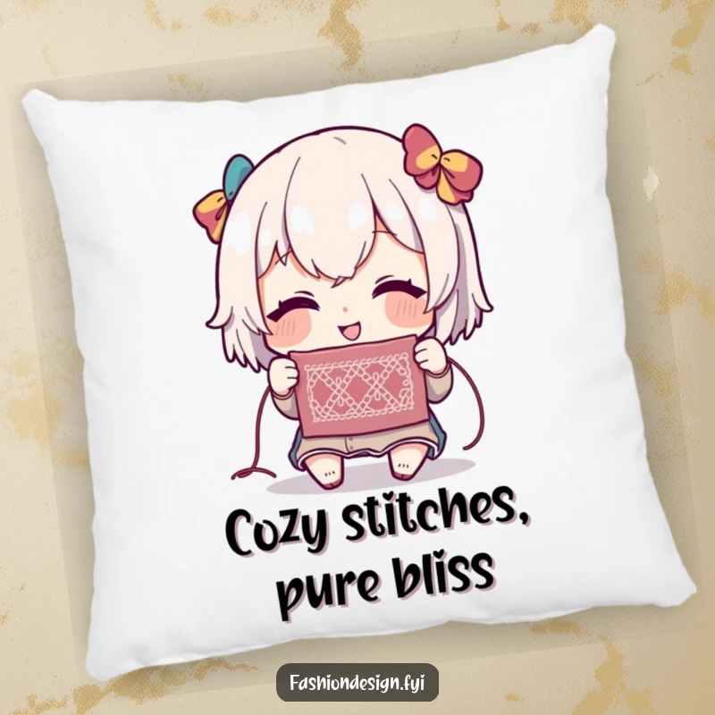 Funny pillow featuring a character with a delighted expression, admiring a small, intricate stitch, perfect for crafters.
