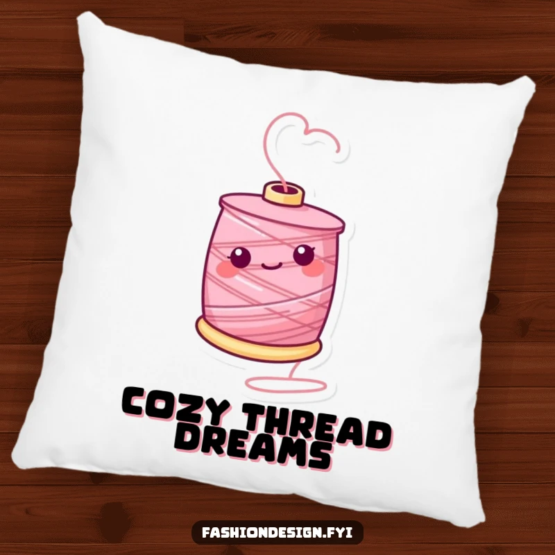 Funny pillow featuring a cheerful spool of thread in a playful twirling motion, bringing comfort and a crafty vibe.