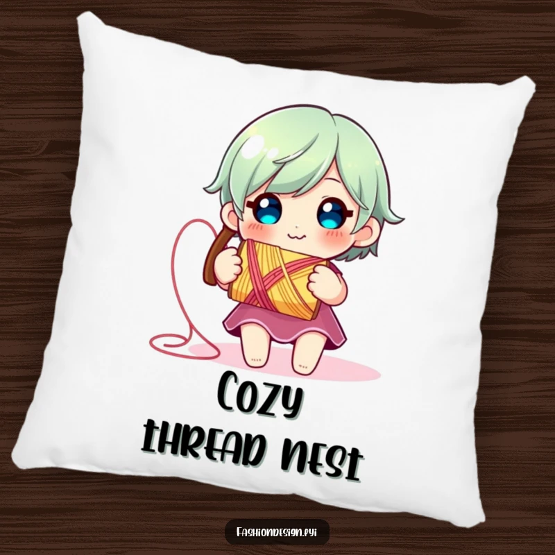Funny Thread Spool Pillow: Soft pillow featuring a smiling character holding a vibrant spool of thread, adding humorous crafty comfort.