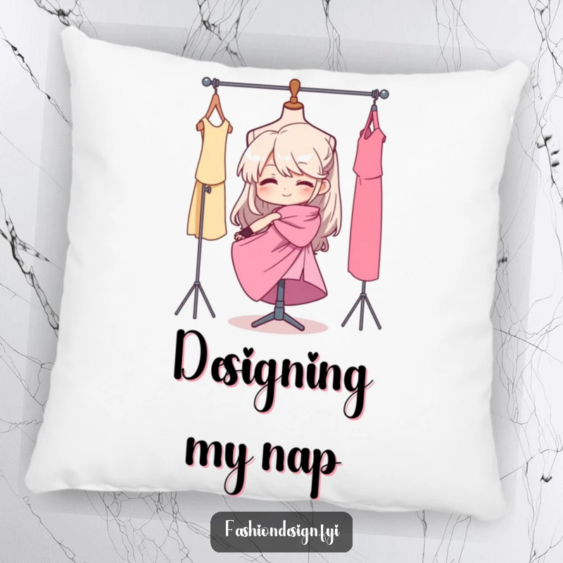 Funny decorative pillow with a picture of a focused seamstress draping fabric on a mannequin, bringing artistic humor to decor.